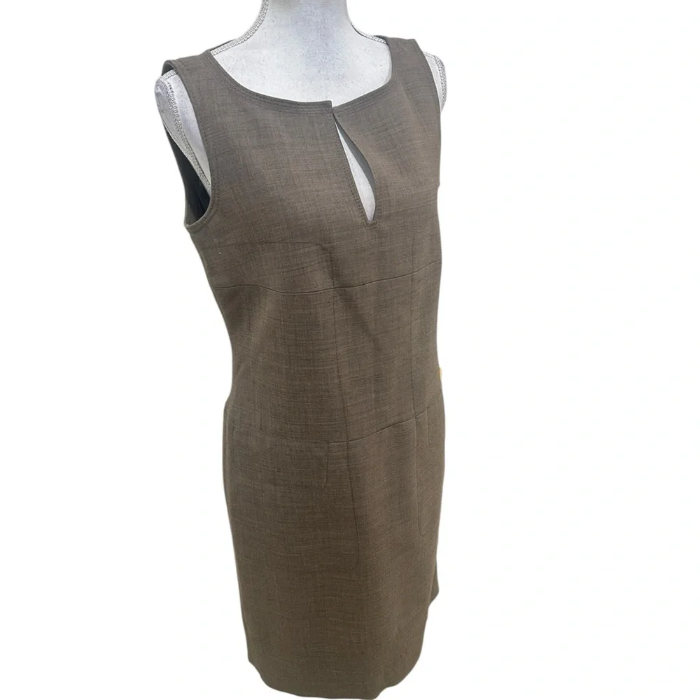 Tory Burch ola taupe Sleeveless shift Midi Dress wool blend gold logo accent 10